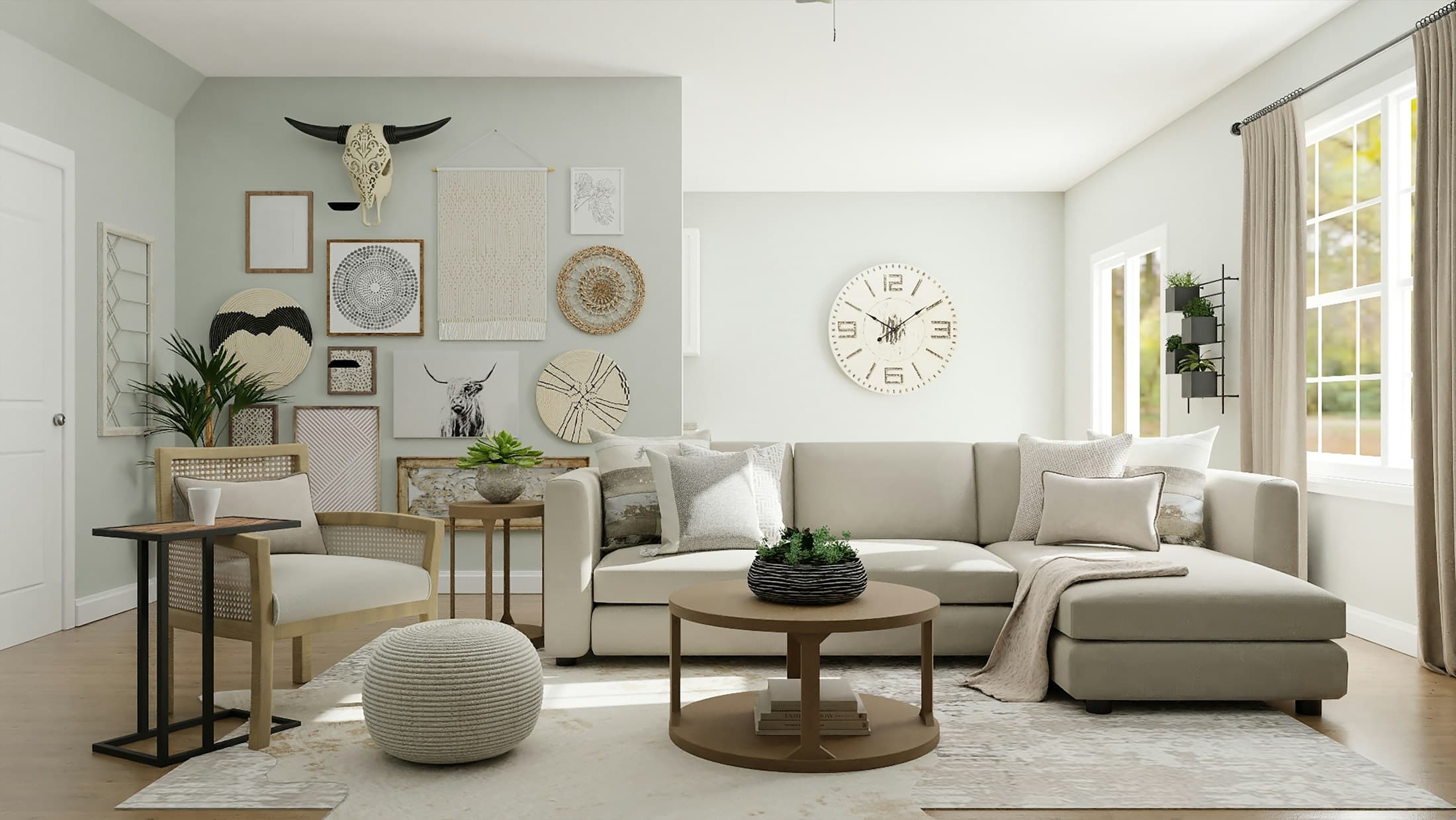 A light-filled living room styled with collected home objects