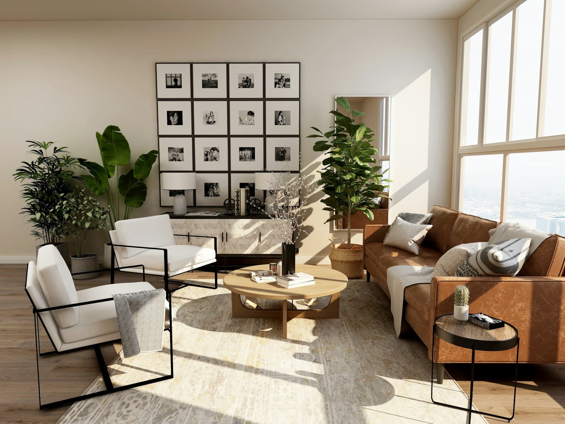 A curated room with plants, lighting and soft furnishings